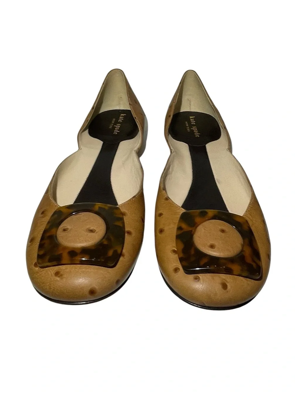 Vintage kate spade D'Orsay Fawn Leather Ostrich Flats Tortoiseshell Buckle 9.5